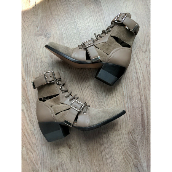 Chloe Rylee Caged Suede Taupe Buckle Ankle Boots - Picture 5 of 13
